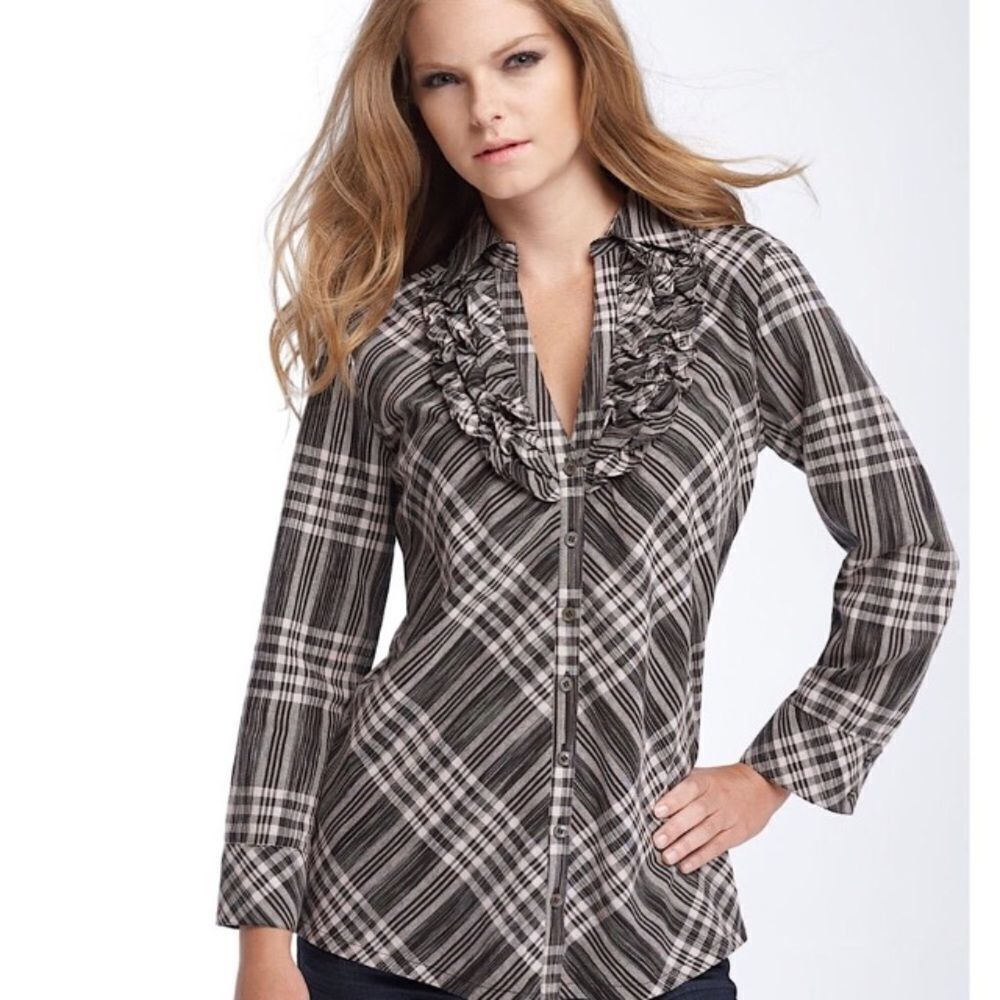 Joie Fara tuxedo plaid business casual feminine blouse